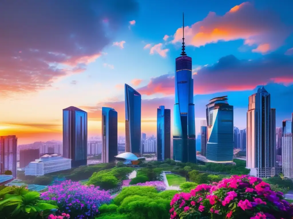 Ciudad moderna con rascacielos y parque Ciudad moderna con rascacielos, reflejando colores del atardecer