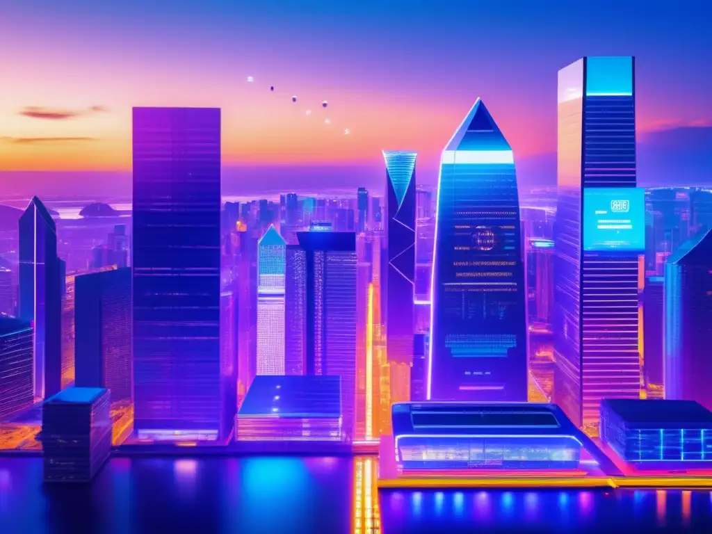 Ciudad futurista con criptomonedas Ciudad moderna con rascacielos, criptomonedas y tecnología en tiempo de crisis