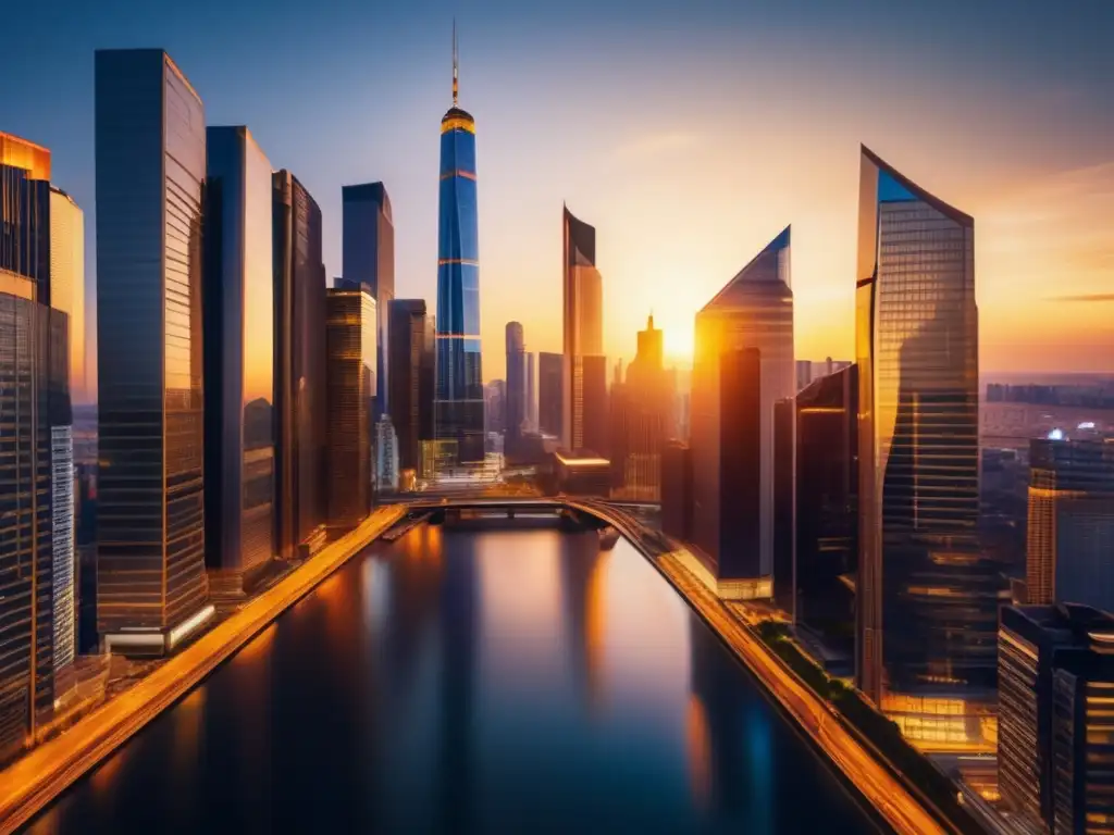 Moderna ciudad con rascacielos reflejando el atardecer Ciudad moderna con rascacielos dorados al atardecer, reflejo de un próspero mercado inmobiliario