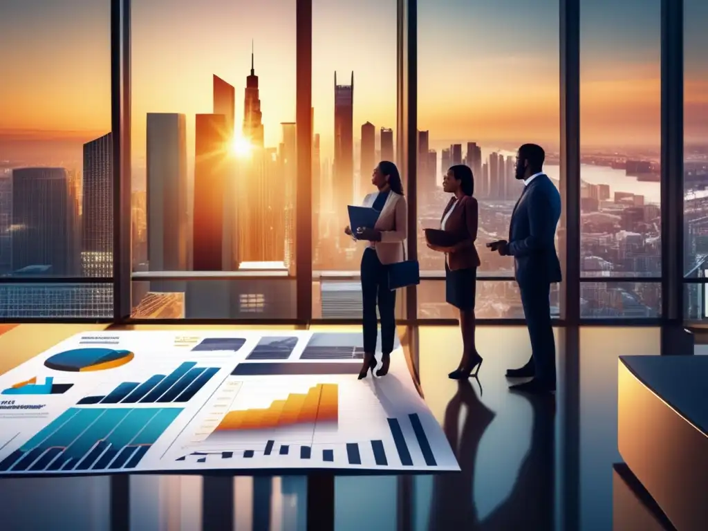 Ciudad moderna con rascacielos y profesionales analizando tendencias Ciudad moderna con rascacielos dorados al atardecer, profesionales debatiendo, análisis de mercado y política