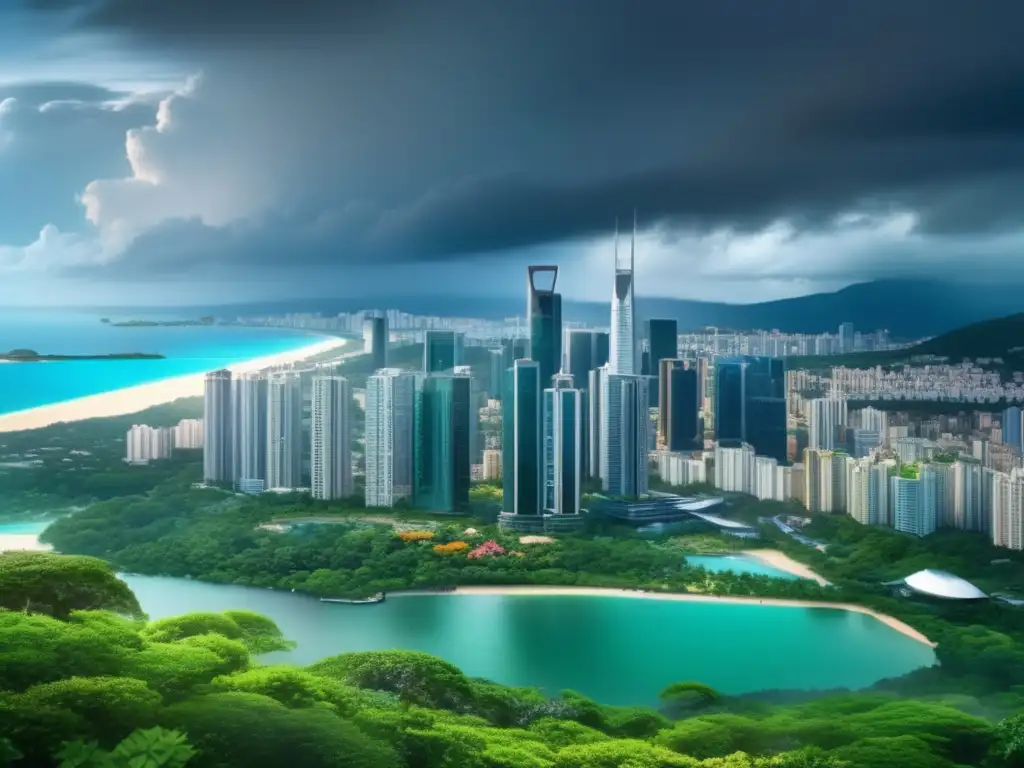 Ciudad moderna: belleza urbana y riesgos del cambio climático Ciudad moderna, con rascacielos y edificios residenciales, rodeada de costa y parque verde