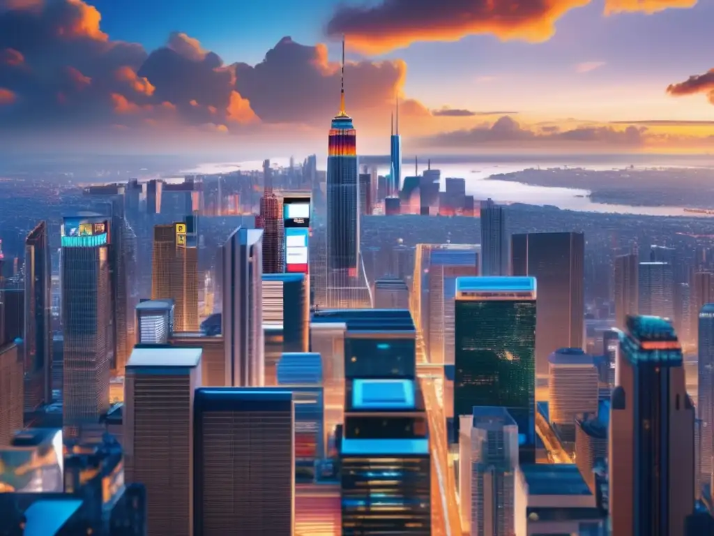 Ciudad vibrante y moderna con propósito Ciudad moderna con rascacielos, empresas con propósito y redes sociales