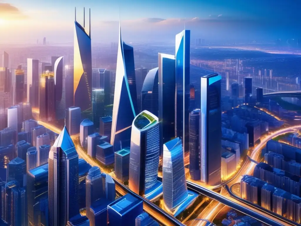 Ciudad moderna con rascacielos relucientes Ciudad moderna con rascacielos futuristas y planificación fiscal para inversiones