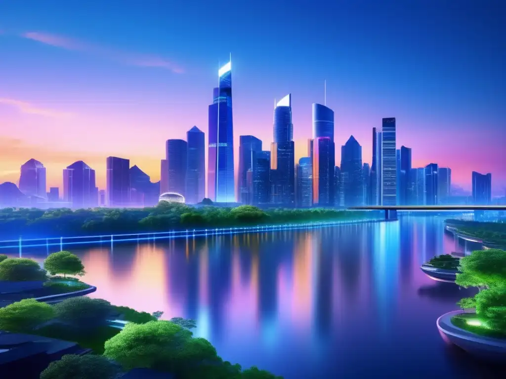 Ciudad futurista iluminada de noche Ciudad moderna al anochecer con rascacielos futuristas y naturaleza