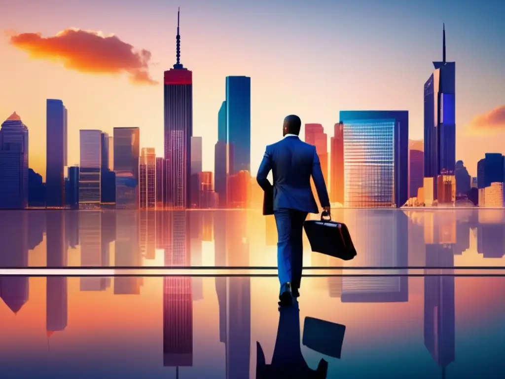 Ciudad moderna y próspera Ciudad moderna con rascacielos y hombre de negocios: Estrategias de inversión diversificada