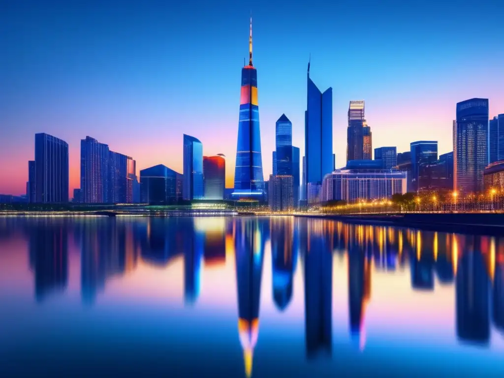 Ciudad futurista iluminada al anochecer Ciudad moderna con rascacielos iluminados y reflejo en río, propiedades con alto retorno financiero