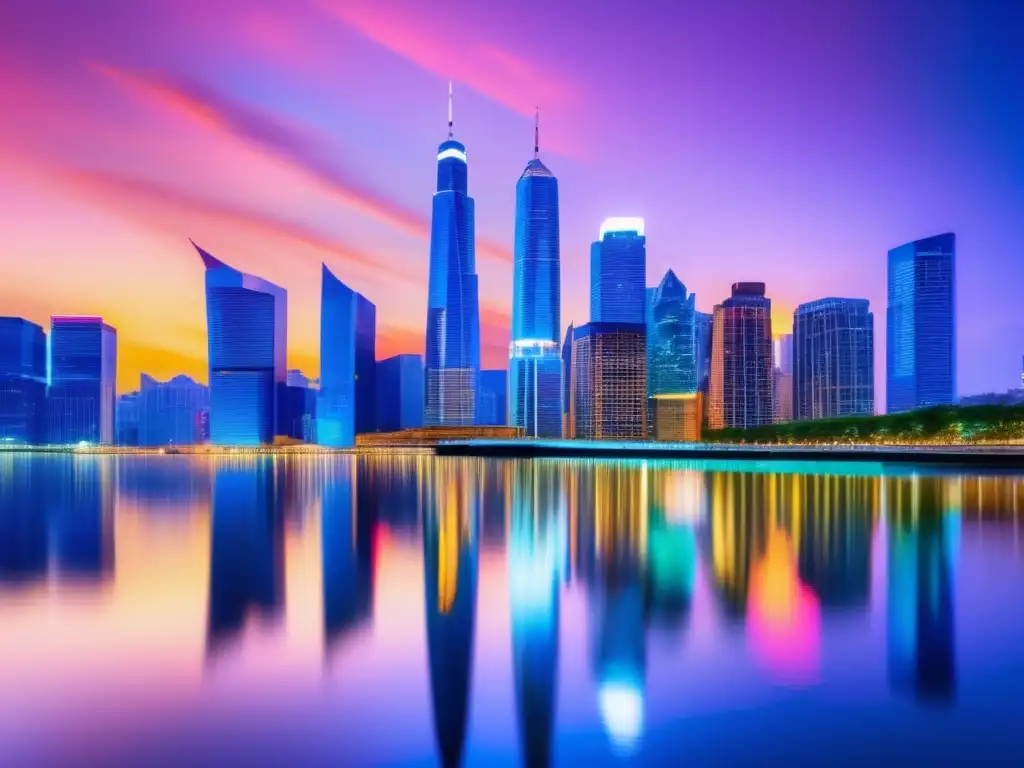 Ciudad futurista iluminada con rascacielos coloridos Ciudad moderna con rascacielos iluminados, simbolizando estrategias de inversión a largo plazo