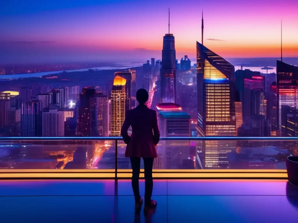 Ciudad moderna al atardecer: luces, rascacielos y reflexiones Ciudad moderna al anochecer, con rascacielos iluminados y una persona en la terraza reflexionando sobre sesgo de conservadurismo en inversiones