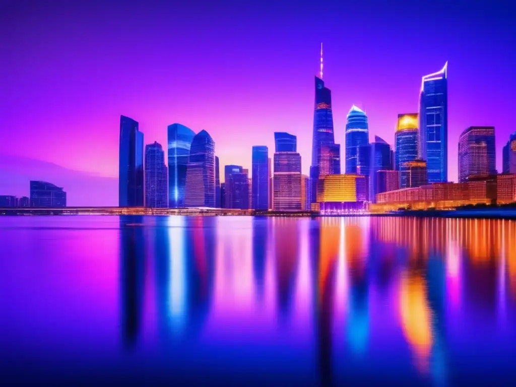 Ciudad moderna al atardecer, con rascacielos iluminados por luces coloridas Ciudad moderna al anochecer, rascacielos iluminados en colores vibrantes