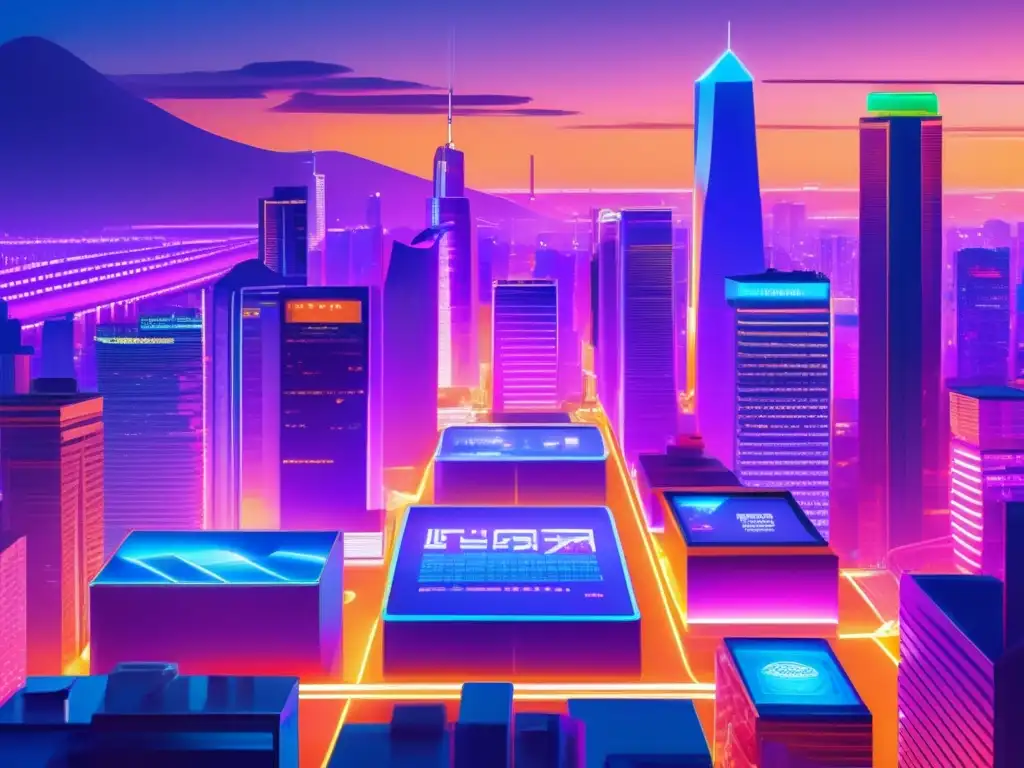 Ciudad moderna al atardecer con rascacielos y criptomonedas Ciudad moderna al anochecer con rascacielos iluminados por luces de neón