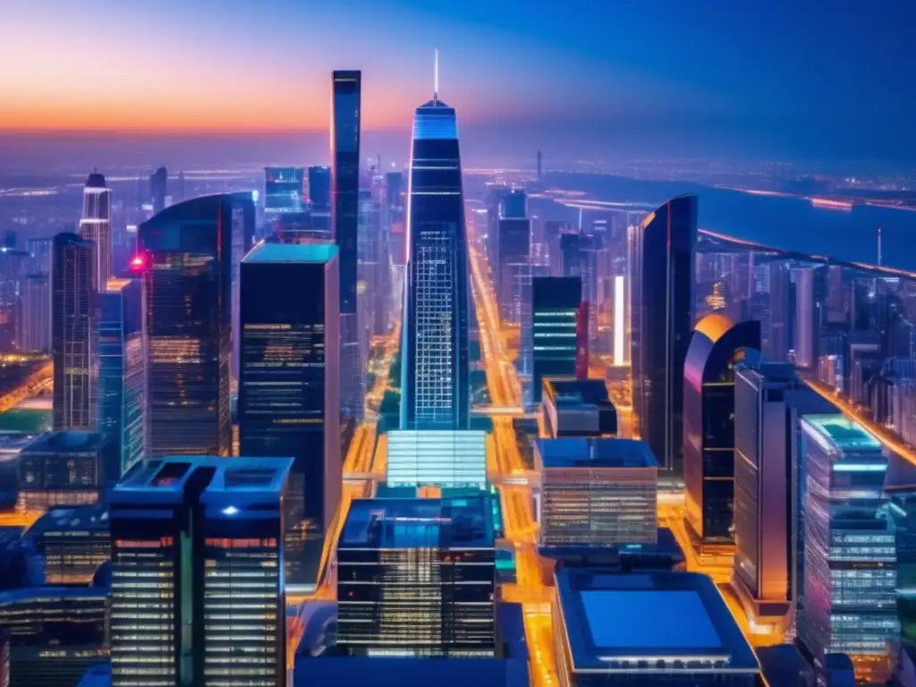 Ciudad futurista iluminada por luces vibrantes Ciudad moderna al anochecer con rascacielos iluminados, simbolizando prosperidad financiera e inversiones