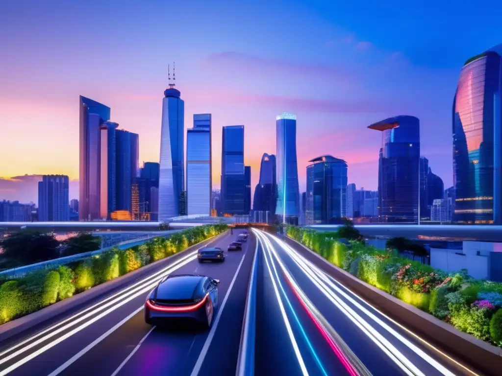 Ciudad futurista: naturaleza, tecnología, sostenibilidad Ciudad moderna con rascacielos iluminados, jardines verticales, vehículos eléctricos y hologramas tecnológicos