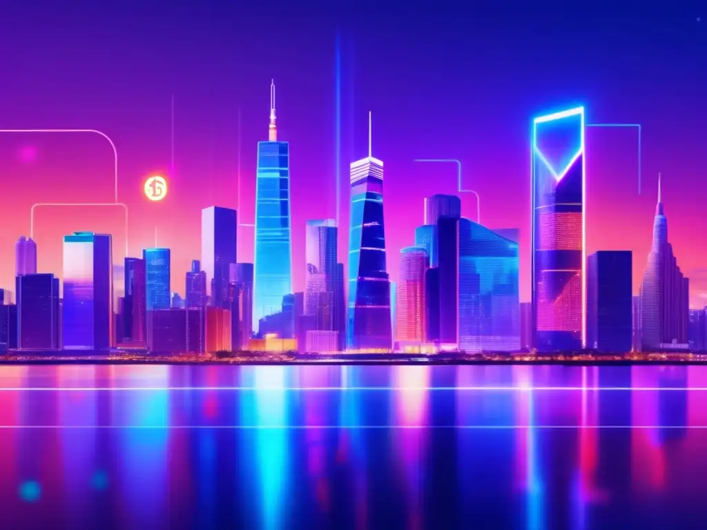 Ciudad global: tecnología, finanzas y diversidad Ciudad moderna con rascacielos, luces neón, símbolos cripto, diversidad y psicología financiera global cripto