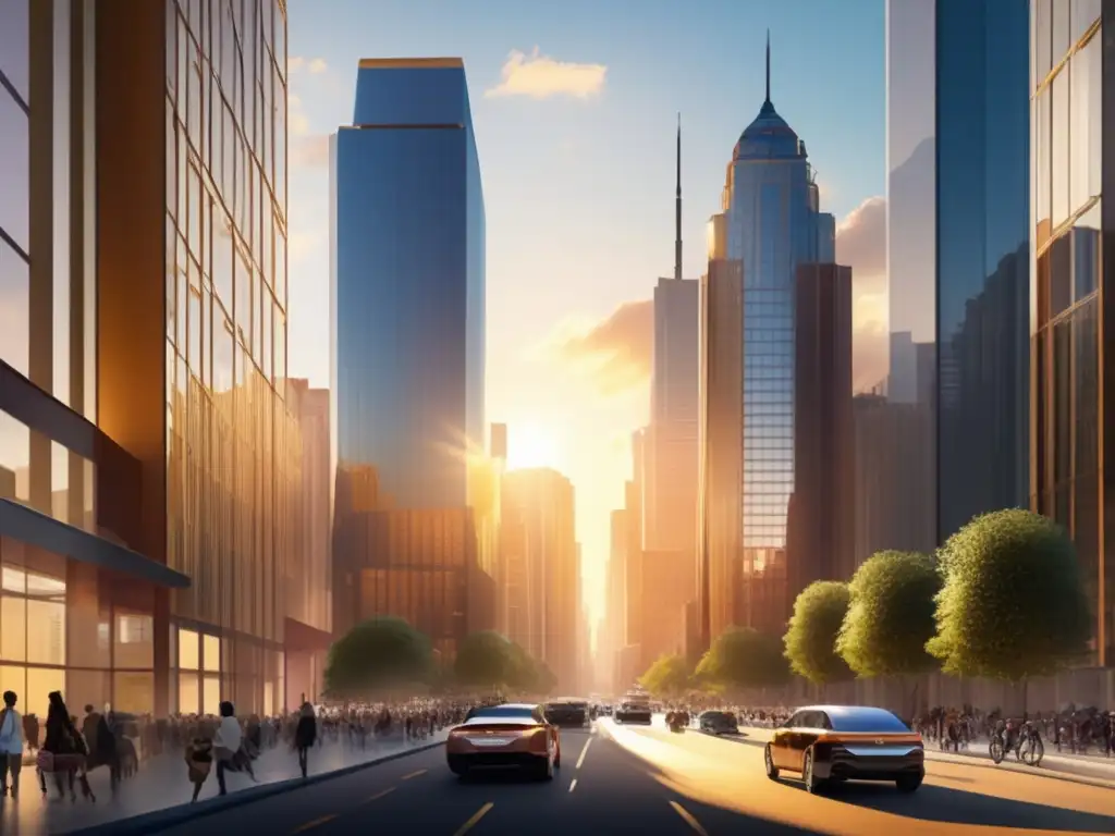 Ciudad moderna con rascacielos y vida urbana Ciudad moderna con rascacielos, luz dorada, gente y mercado inmobiliario con 'Impacto tasas de interés'