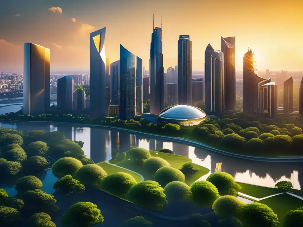 Ciudad moderna con rascacielos y naturaleza Ciudad moderna con rascacielos reflejando la luz dorada del atardecer