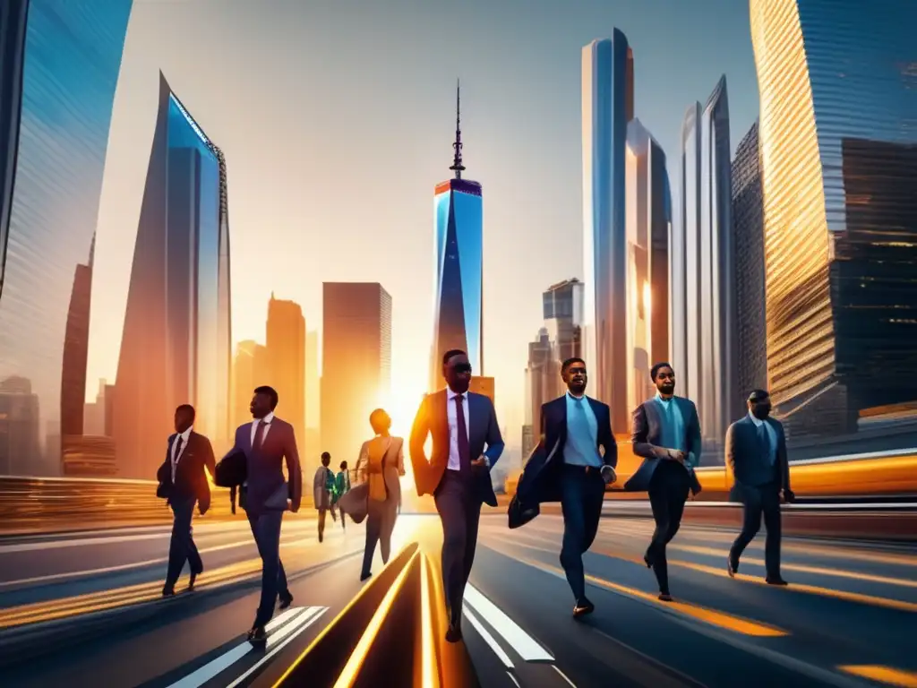 Ciudad moderna con rascacielos altos Una ciudad moderna con rascacielos y profesionales en tránsito, simbolizando el crecimiento y diversificación del mercado inmobiliario