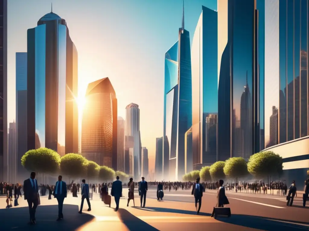Ciudad moderna con rascacielos futuristas Ciudad moderna con rascacielos, reflejando el progreso y la democratización de inversiones en bienes raíces a través de REITs