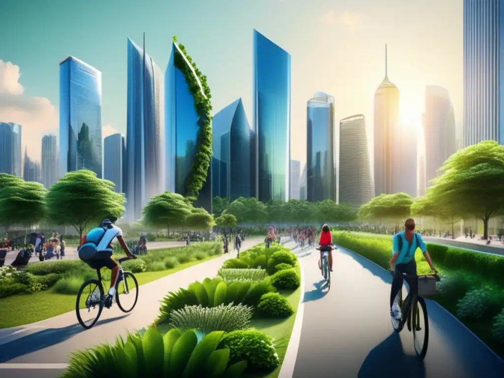 Ciudad sostenible con energía renovable Una ciudad moderna con rascacielos rodeados de vegetación y energías renovables, destacando beneficios e inversiones