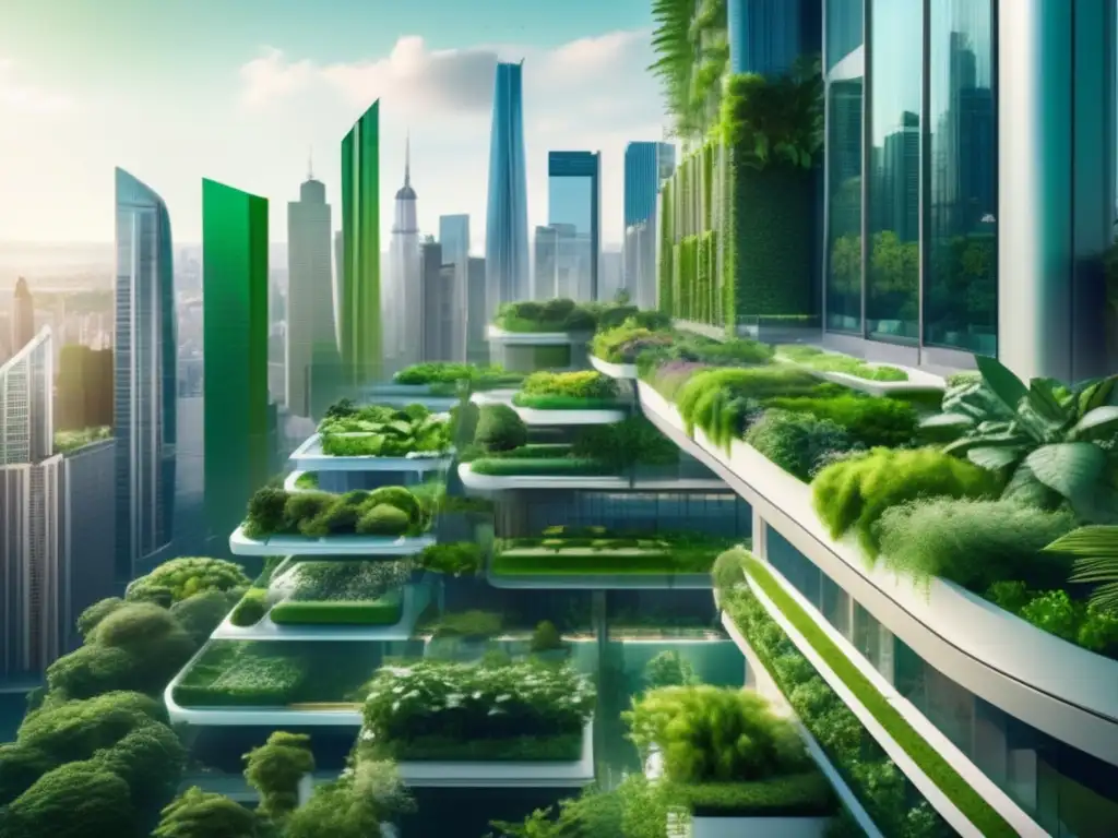 Ciudad verde y moderna con rascacielos y jardines verticales Ciudad moderna con rascacielos verdes y naturaleza, ejemplificando bonos verdes y sostenibilidad