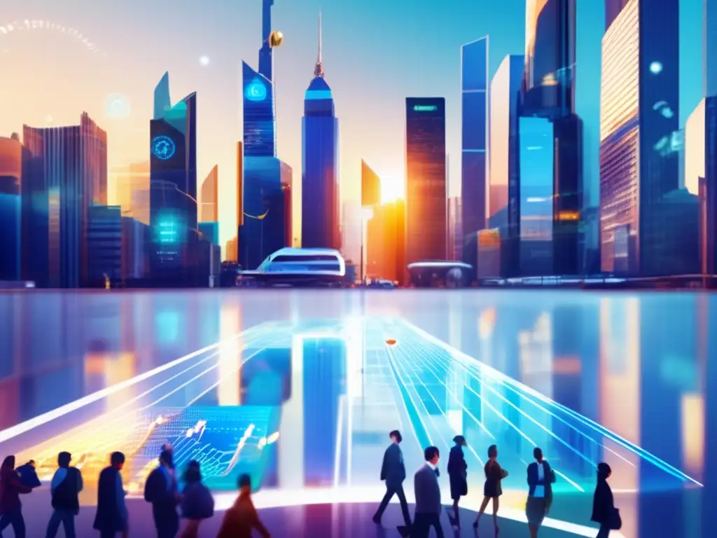 Ciudad moderna con rascacielos y tecnología Ciudad moderna con rascacielos de vidrio reflejando luz solar, actividad frenética y símbolos financieros