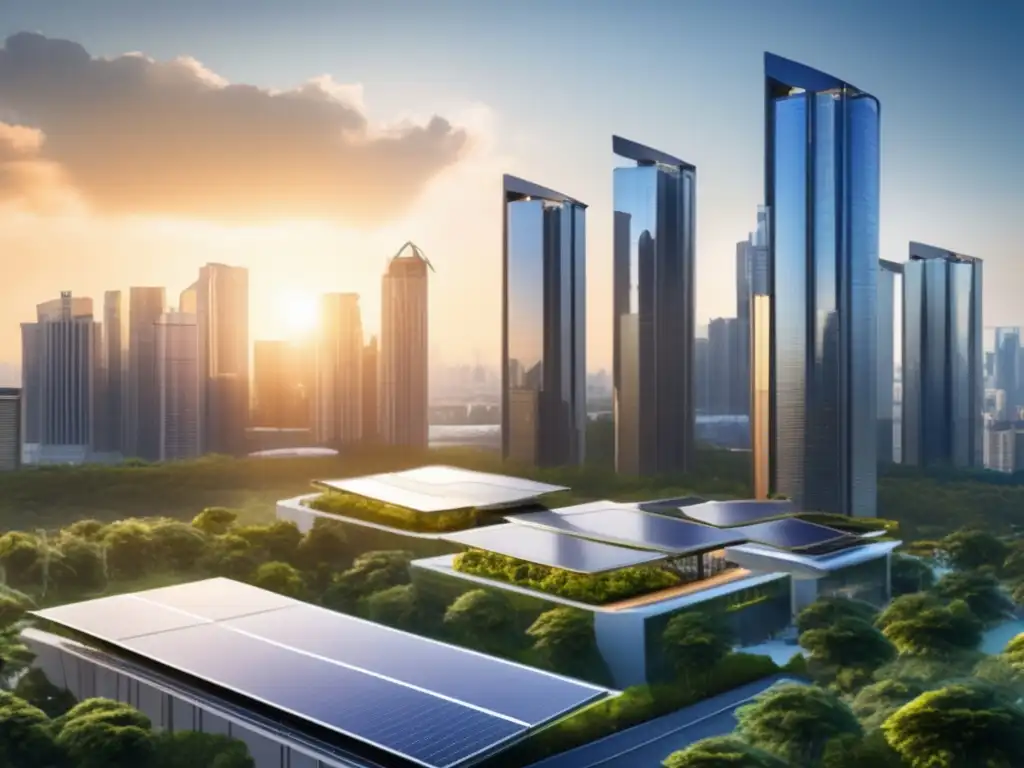 Ciudad moderna y sostenible Ciudad moderna y sostenible con rascacielos de vidrio, árboles verdes y energía solar