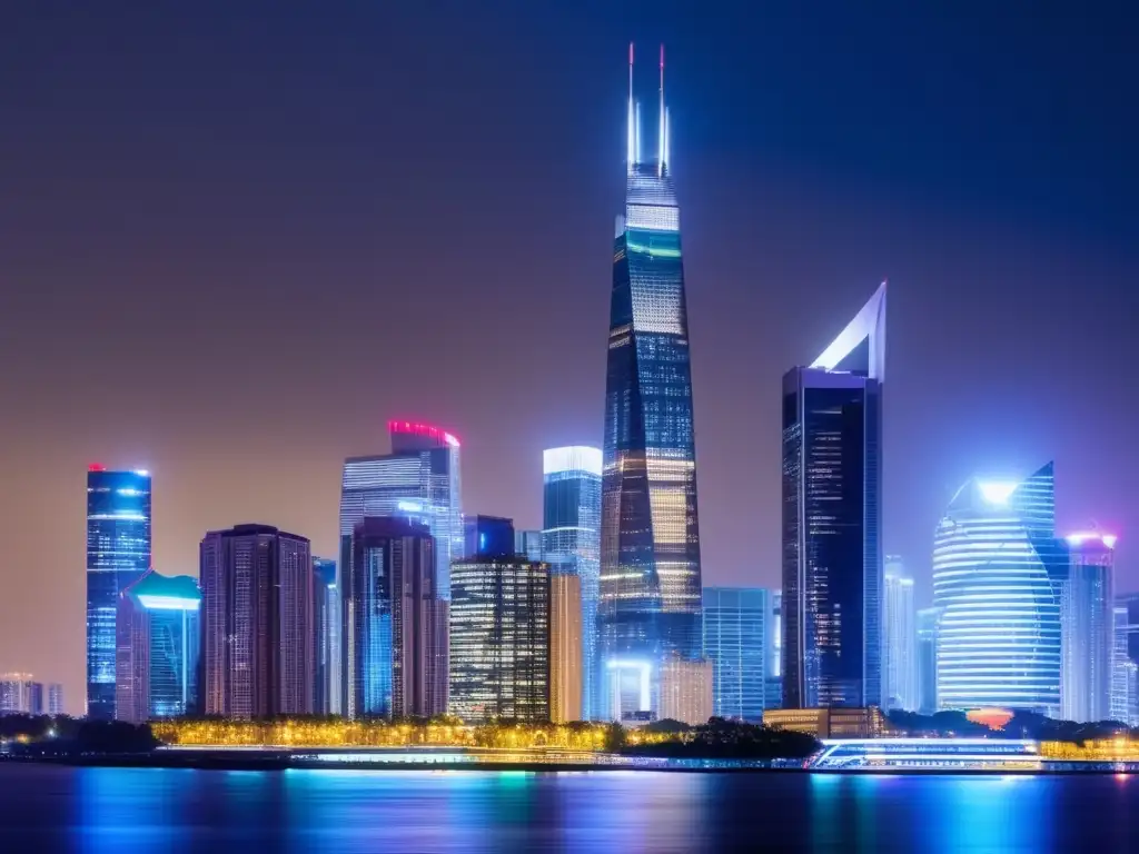 Moderna ciudad nocturna con rascacielos iluminados Una ciudad moderna y vibrante, símbolo del mercado inmobiliario en auge, impulsado por política monetaria