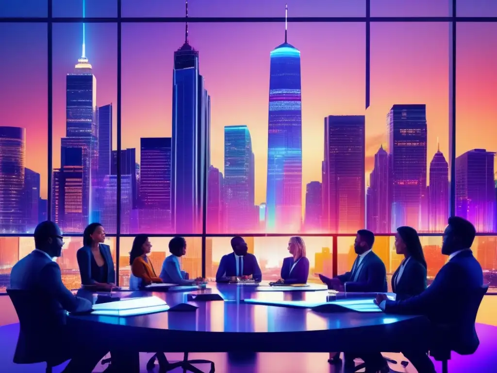 Ciudad moderna de noche con profesionales discutiendo Ciudad de noche con rascacielos iluminados y profesionales analizando cambios fiscales para inversiones