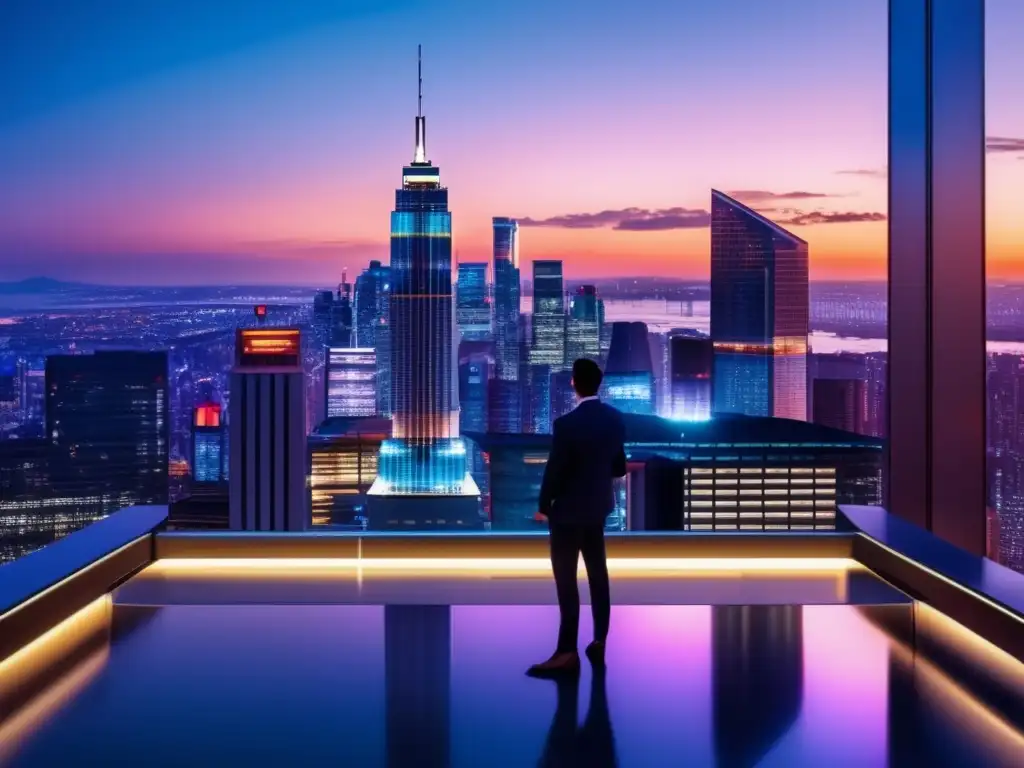 Vista panorámica nocturna de una ciudad moderna Ciudad de noche con rascacielos y luces, inspirando confianza y superando el miedo a diversificar la cartera
