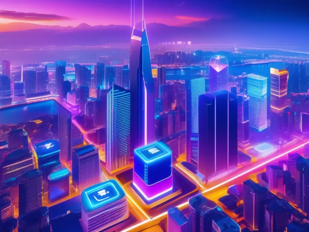 Futurista ciudad nocturna con criptomonedas Ciudad nocturna con luces neón y gráficos de criptomonedas