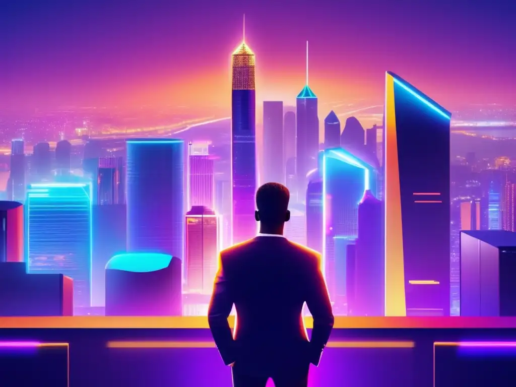 Ciudad futurista y criptomonedas Ciudad nocturna con rascacielos, celeb y altcoins