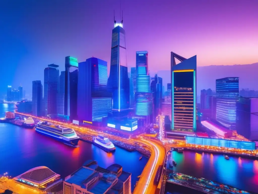 Ciudad nocturna, comercio global en acción Ciudad nocturna con rascacielos y comercio internacional
