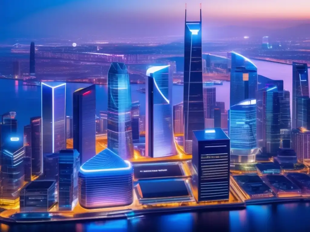 Ciudad nocturna con rascacielos y tecnología fintech Innovación fintech para invertir en una ciudad nocturna con rascacielos y dinamismo