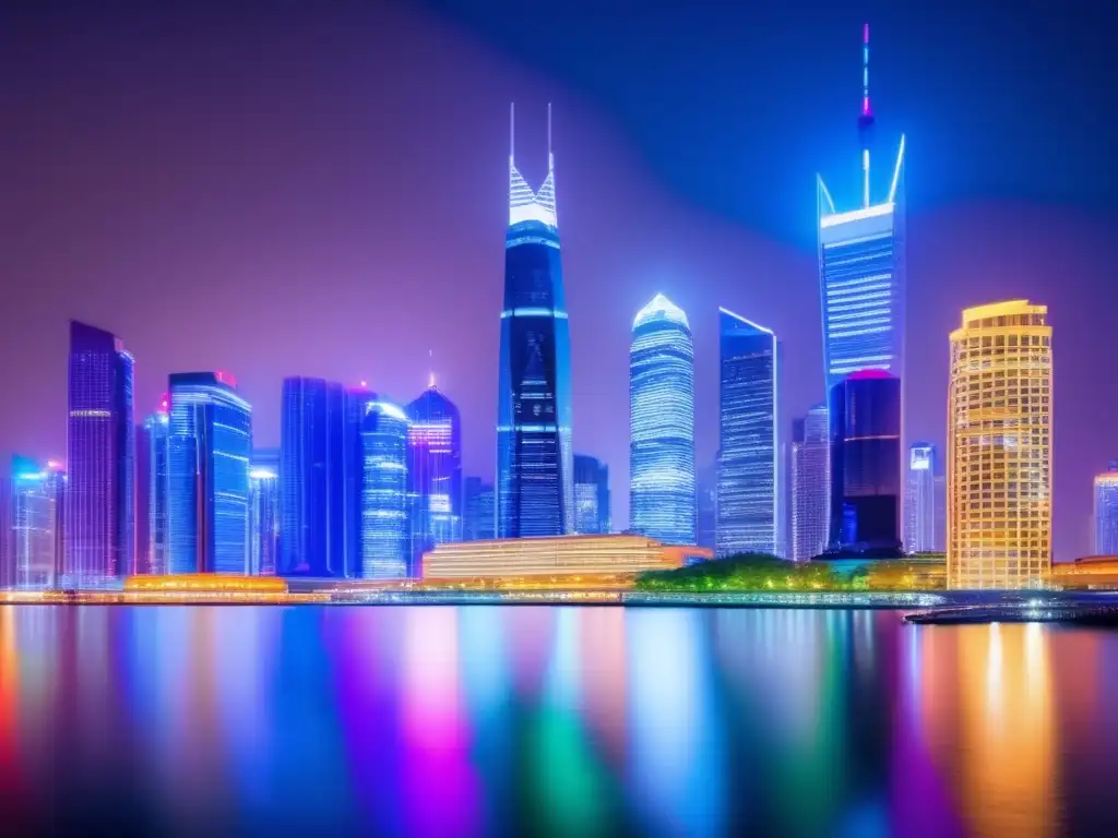 Ciudad nocturna vibrante, símbolo de energía y volatilidad financiera Ciudad nocturna con rascacielos iluminados - Herramientas análisis volatilidad mercado