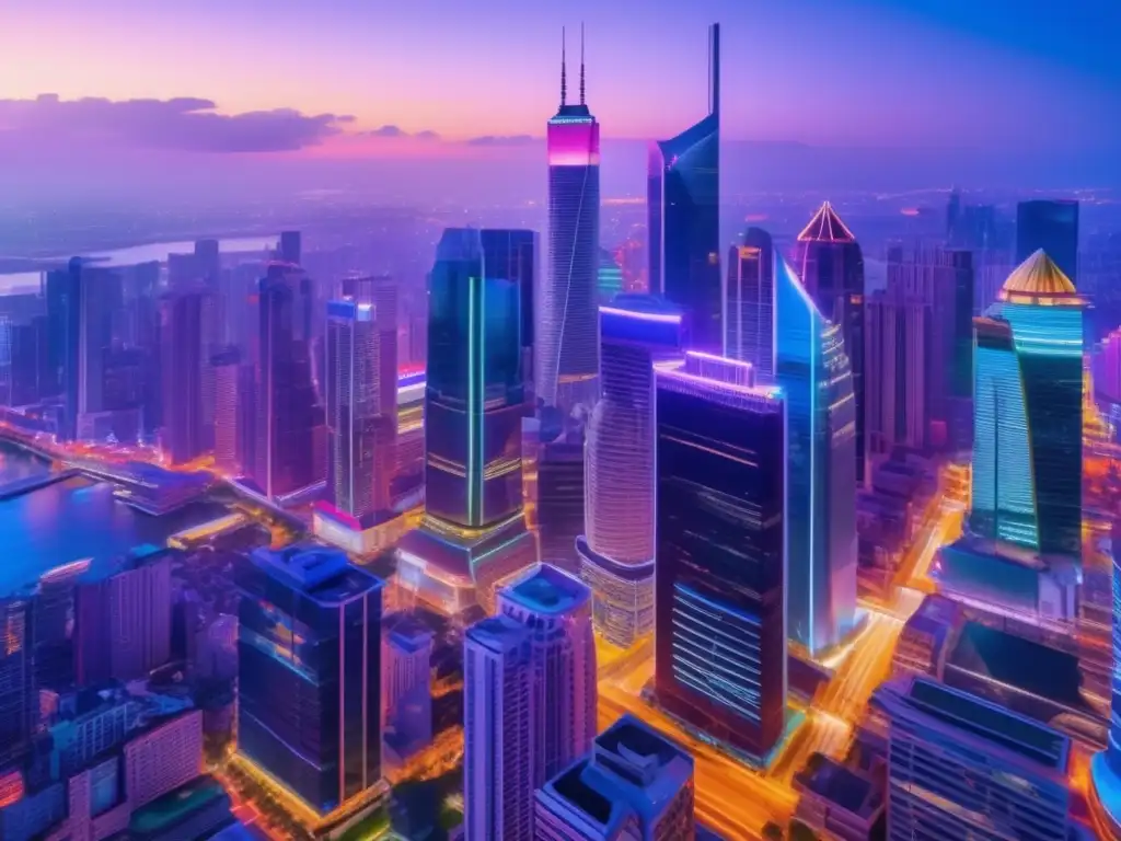 Ciudad nocturna con rascacielos y luces vibrantes Ciudad nocturna con rascacielos iluminados, simbolizando empresas con propósito identificables