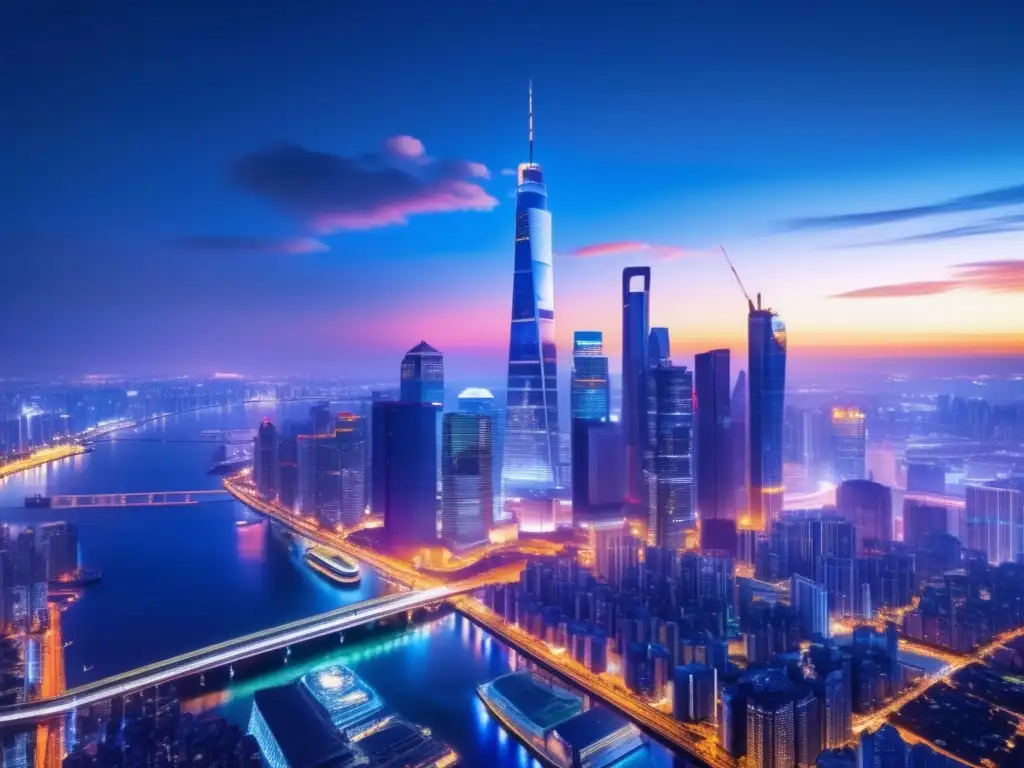 Ciudad moderna y diversa: industrias en sinergia Ciudad nocturna con rascacielos iluminados