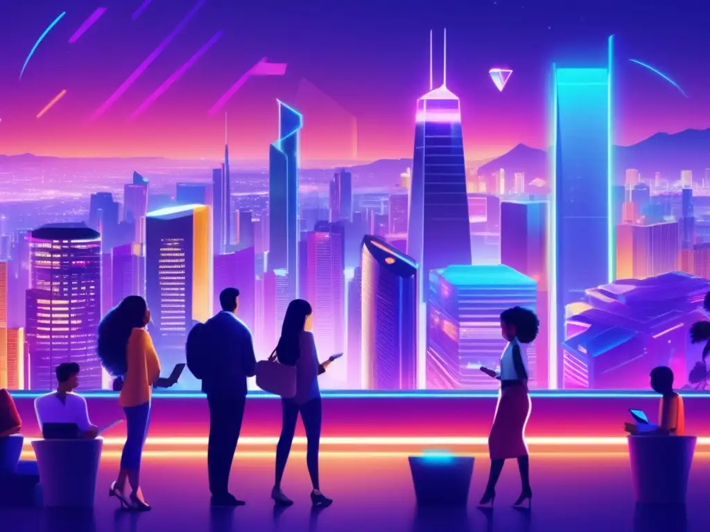 Ciudad futurista con criptomonedas y personas diversas Ciudad nocturna con rascacielos iluminados, representando la adopción global de criptomonedas