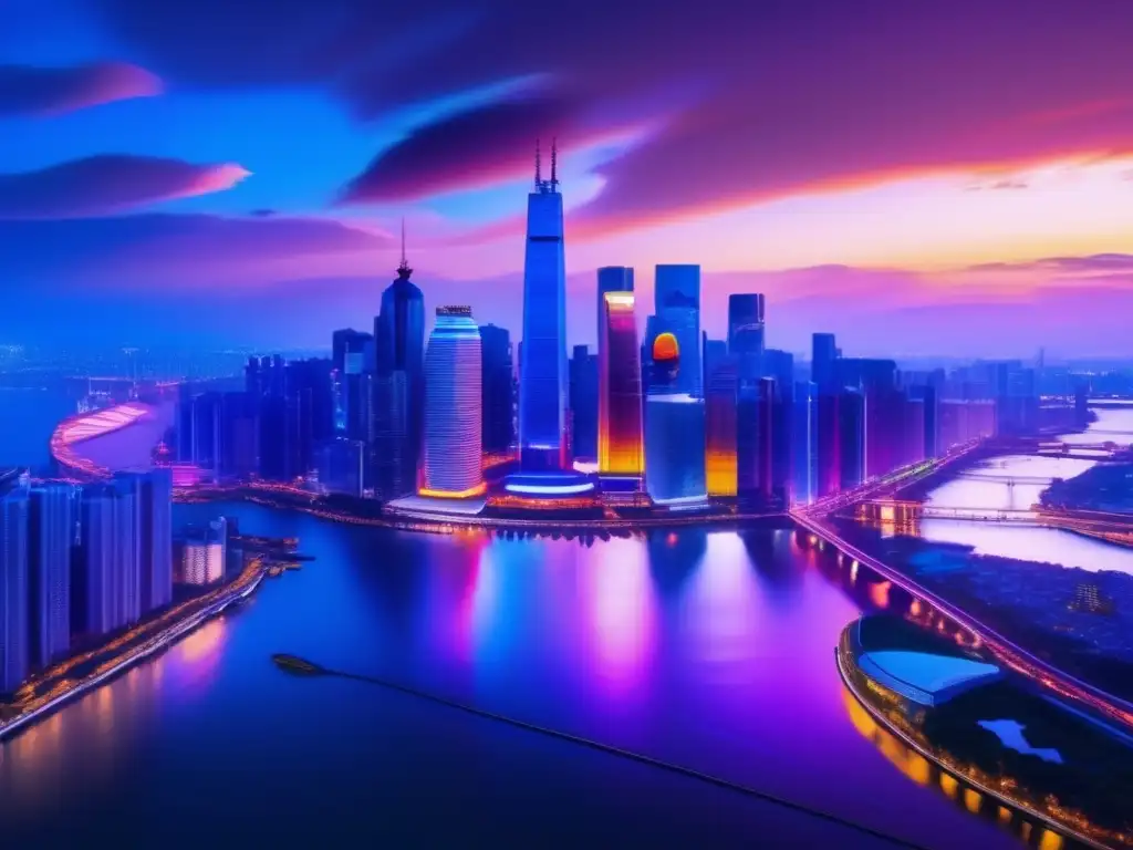 Hermoso paisaje urbano al atardecer Ciudad nocturna con rascacielos iluminados - Resiliencia financiera noticias inversor