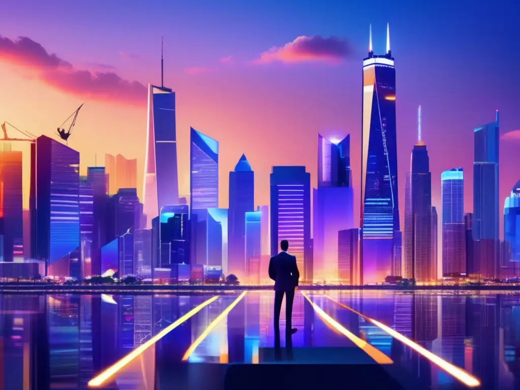 Ciudad moderna con sectores resilientes Ciudad nocturna con rascacielos iluminados y profesionales en actividades diversas, representando sectores resistentes en inversiones defensivas