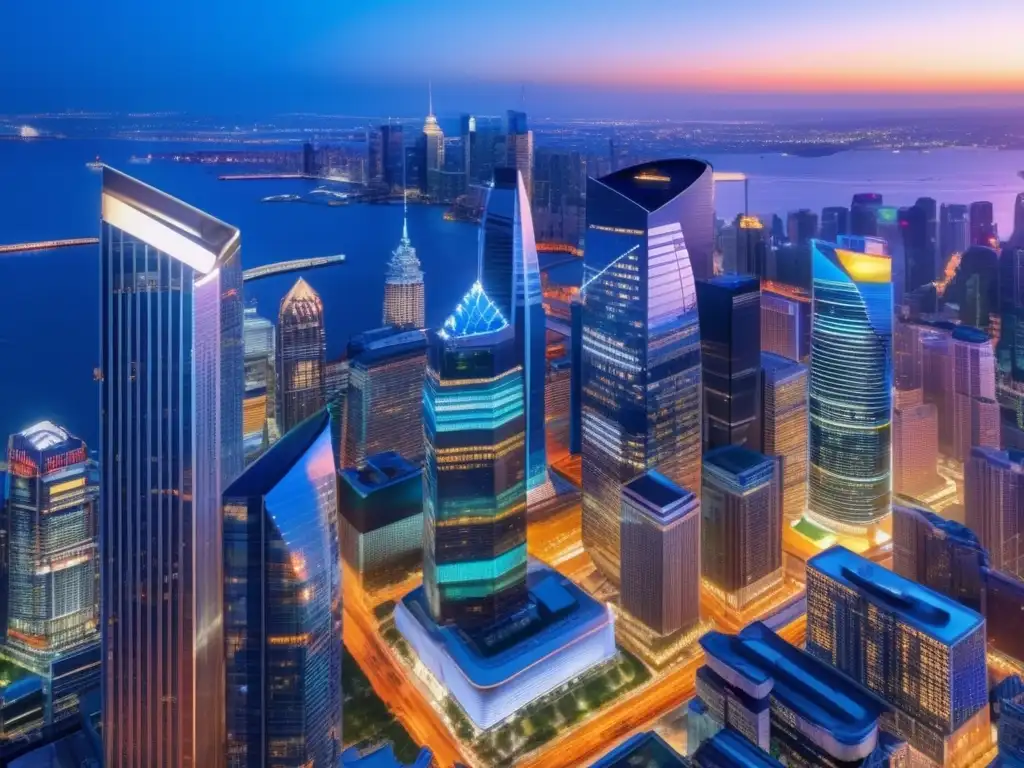 Ciudad en crecimiento y resiliente Ciudad nocturna con rascacielos iluminados y sectores resistentes en inversiones defensivas