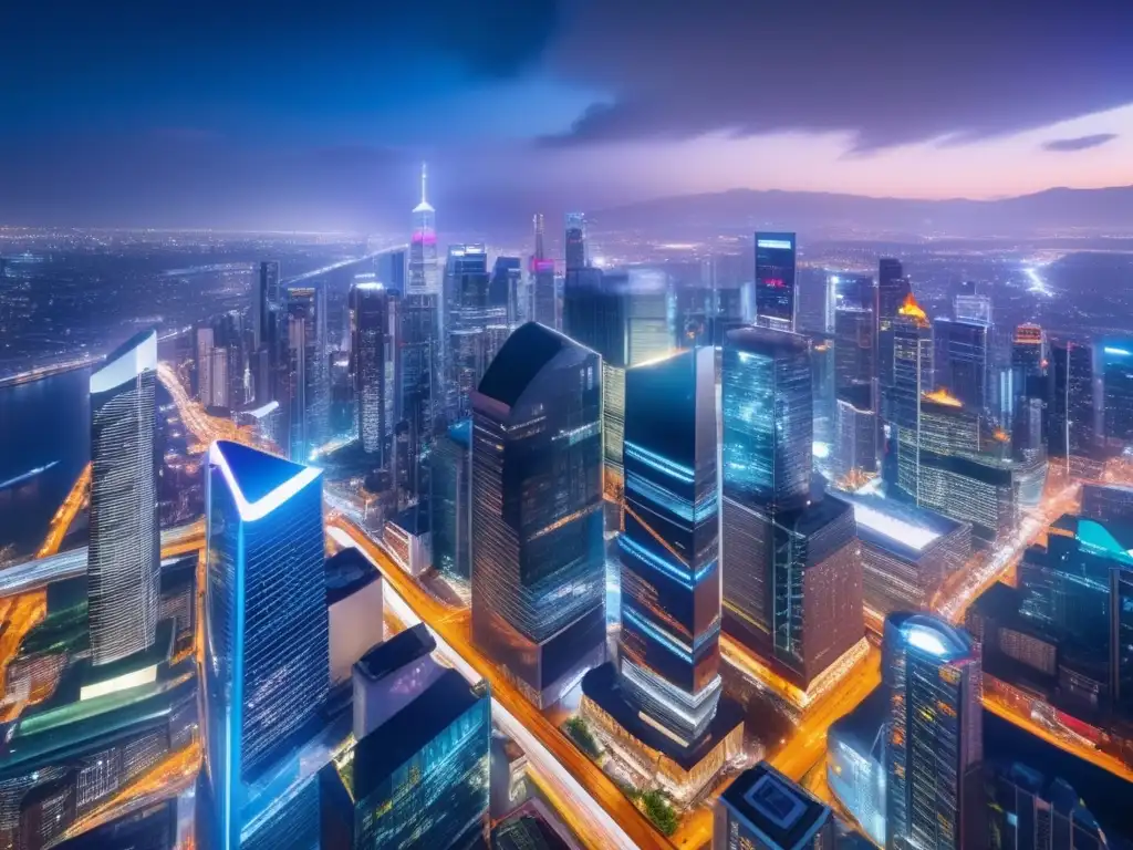 Ciudad nocturna con rascacielos y criptomonedas Ciudad nocturna con rascacielos, luces vibrantes y cartel de altcoins: Importancia de las altcoins en la economía