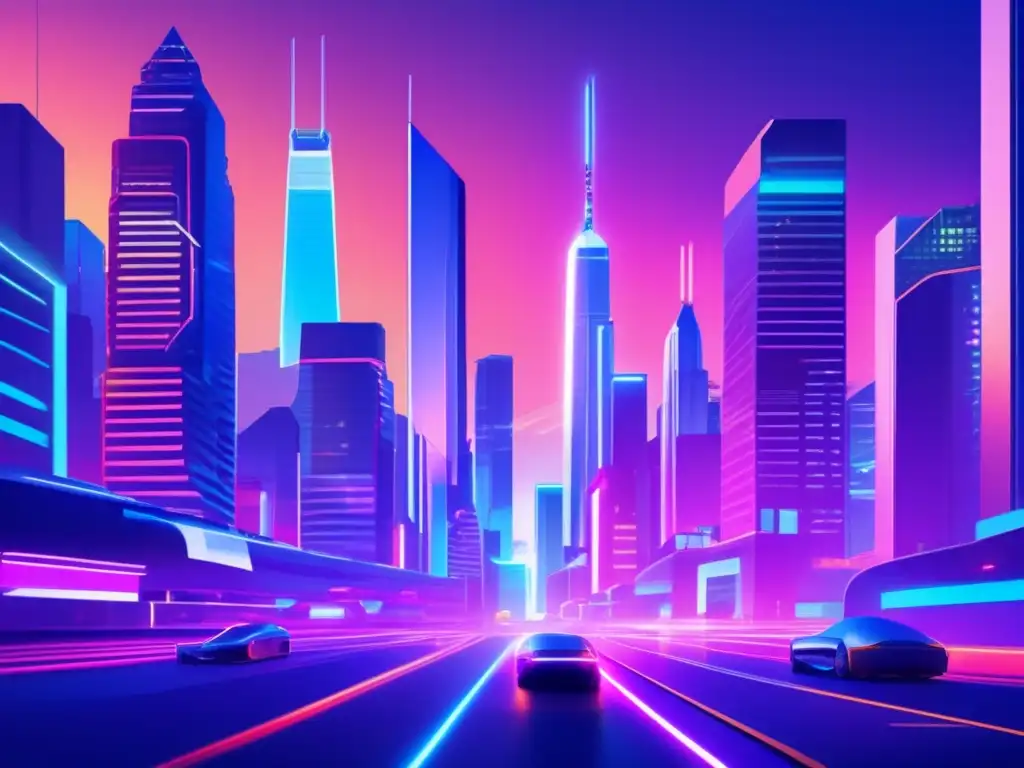 Ciudad futurista con luces de neón y tecnología avanzada Ciudad nocturna con rascacielos, luces neón, tecnología futurista y discusiones emprendedoras – Historia del venture capital
