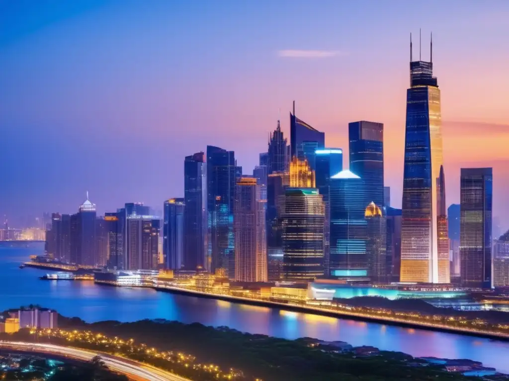 Ciudad moderna iluminada, simbolizando la economía global Ciudad nocturna con rascacielos modernos iluminados, simbolizando la economía global y oportunidades de inversión en propiedades vacacionales