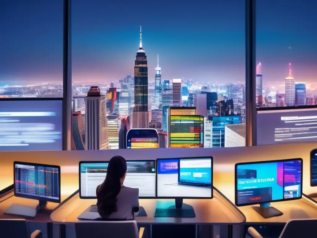 Ciudad nocturna llena de tecnología Ciudad nocturna con rascacielos modernos iluminados