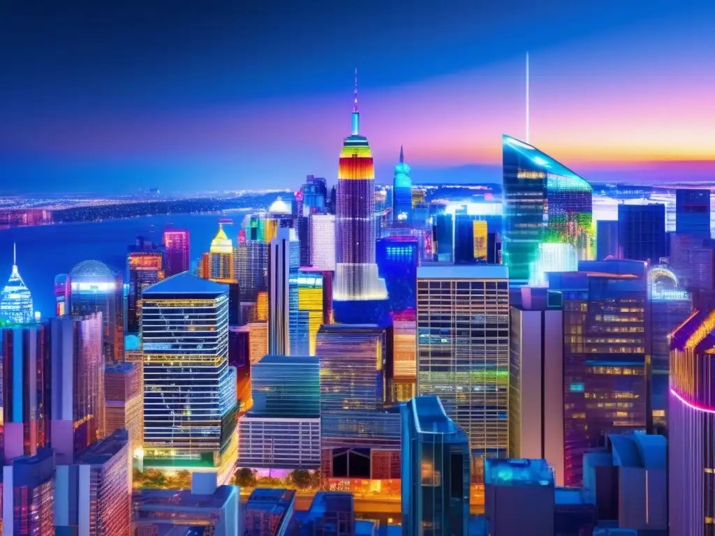 Ciudad nocturna: rascacielos, luces y arte urbano Ciudad nocturna vibrante con rascacielos modernos, arte urbano y luces coloridas
