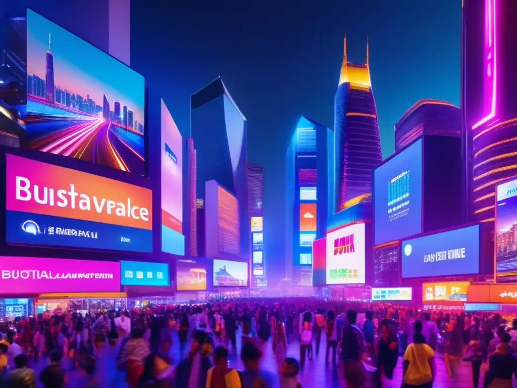 Ciudad nocturna: luces neón y ajetreo Ciudad nocturna vibrante con rascacielos iluminados por luces neón y un ajetreo constante de personas