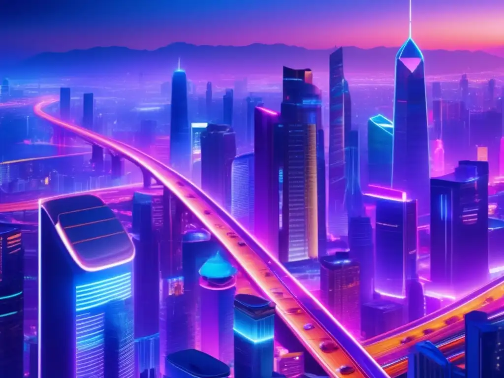 Ciudad nocturna futurista con rascacielos y luces de neón Ciudad nocturna vibrante con rascacielos futuristas, conectividad mejorada y diversidad en mercados emergentes