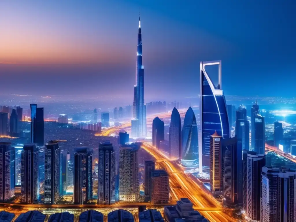 Ciudad del Medio Oriente: skyline moderno y conflicto geopolítico Ciudad de Medio Oriente al atardecer, reflejando efecto inmediato de conflictos geopolíticos