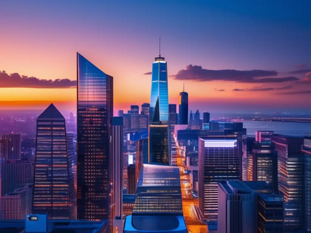 Skyline urbano al atardecer Ciudad atardecer, rascacielos, arquitectura moderna, ETFs proteger cartera en crisis