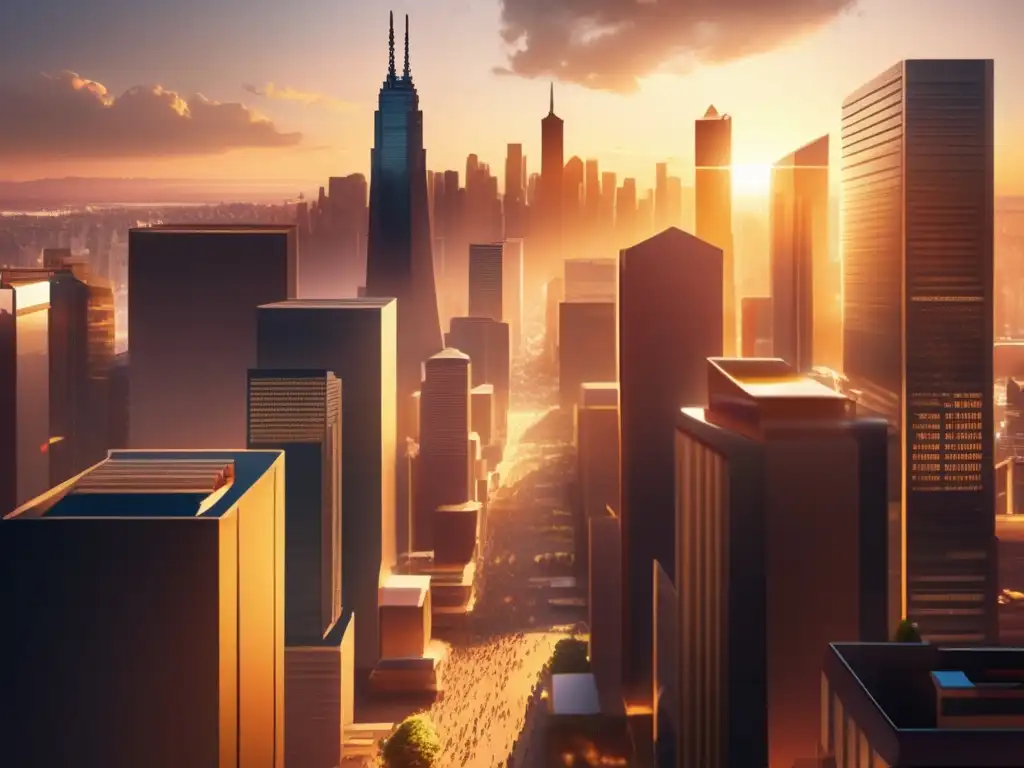 Ciudad vibrante al atardecer, resaltando la importancia de la educación Ciudad con rascacielos al atardecer, gente caminando con libros y bolsas