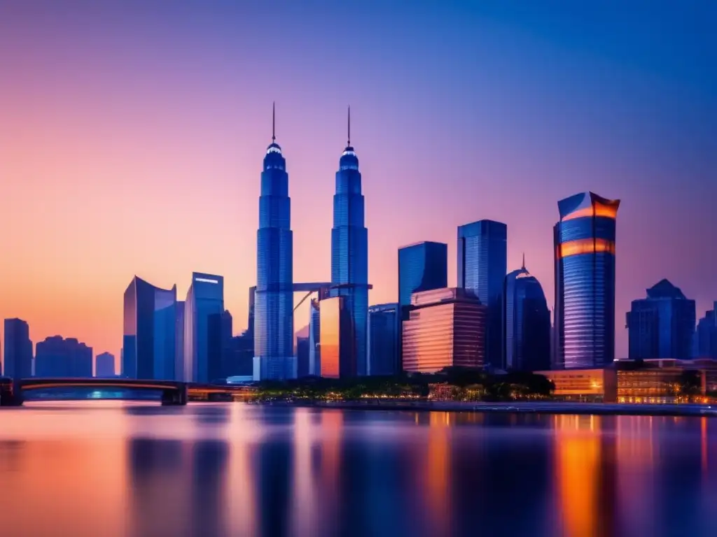 Ciudad moderna al atardecer Ciudad próspera con rascacielos y beneficios de invertir en propiedades comerciales